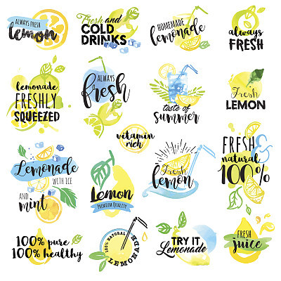 Hand drawn watercolor labels and signs of lemon and lemonade