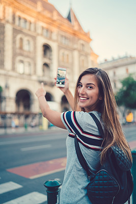 Tourist woman taking photos in Europe