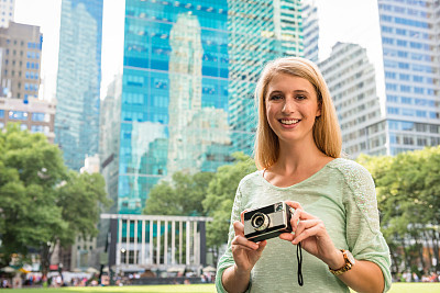 Tourist with vintage camera on NYC