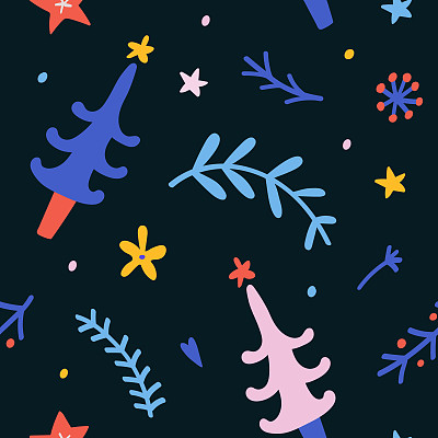 Seamless pattern with fir trees and chistmas decorations and doodles. Cute winter hand drawn cartoon illustration with floral elements.