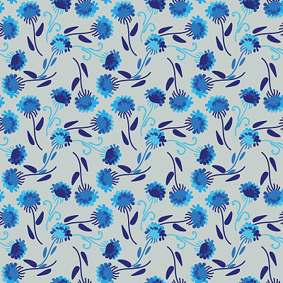 seamless vector pattern with simple blue flowers in a geometric layout