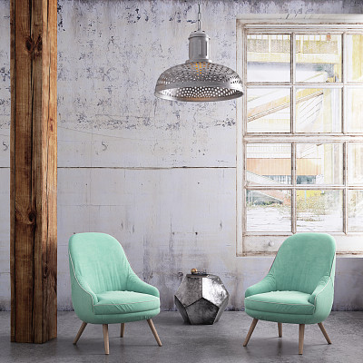 Pastel colored armchairs with coffee table, window and blank wall template