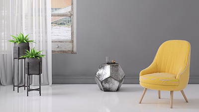 Pastel colored armchair with coffee table, window and blank wall template