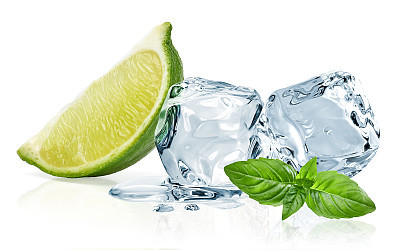 Ice cubes,lime wedge and basil leaves