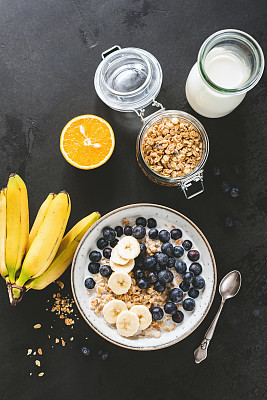 Healthy breakfast cereals with milk, blueberries, banana