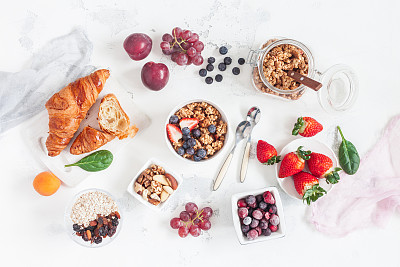 Breakfast with muesli, fruits, berries, nuts on white background