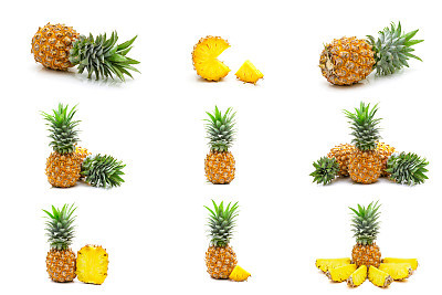 Collection set of pineapples fruit slices isolated on white background