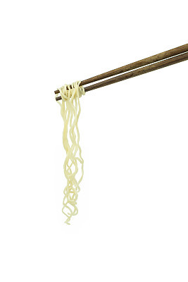 chopsticks holding oriental noodles isolated on a white background
