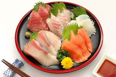Mixed Raw Fish Sashimi Platter on Lacquer Ware , Japanese food