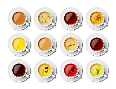 Aerial view of different types of tea, with leaves in some