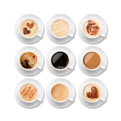 Nine different coffees in white cups with saucers