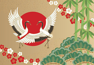 Cranes and pine bamboo plum, auspicious picture of Japan