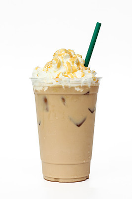 Iced coffee cafe latte with cream and caramel