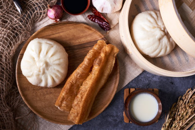 Chinese breakfast: Steamed buns (Baozi), fried breadsticks (yout