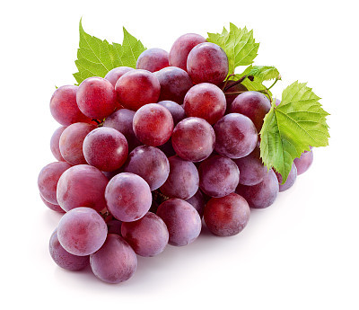 Ripe red grape with leaves isolated on white. With clipping path. Full depth of field.