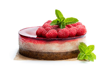 Homemade cheesecake with raspberry jelly isolated on white