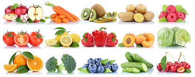 Fruits and vegetables collection isolated orange apple tomatoes fresh fruit