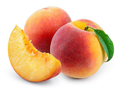 Peach with slice and leaf isolated on white. With clipping path.