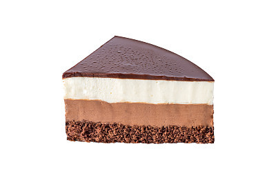 Insulated chocolate cake made of three different chocolate mousse layers , white , milk and dark with chocolate
