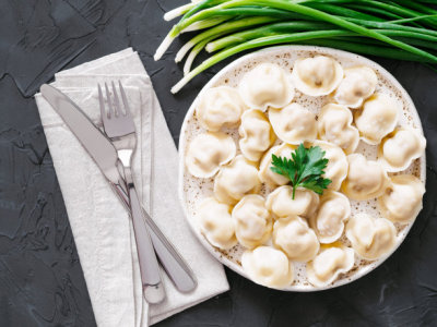 Russian pelmeni, ravioli, dumplings with meat