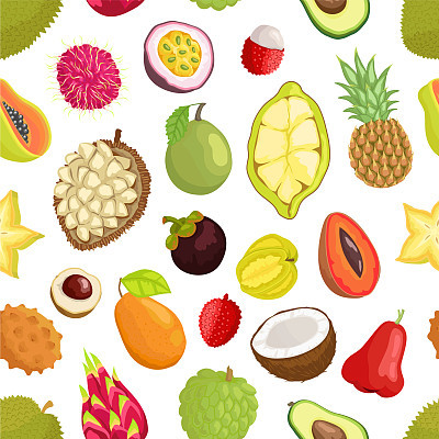 seamless pattern of tropica fruits avocado and