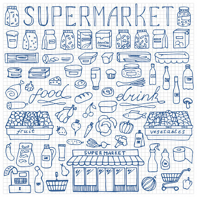 Supermarket hand drawn doodle set