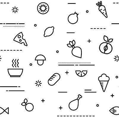 Vector pattern with food and drink in outline style.