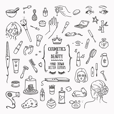 Cosmetics, beauty products doodle style illustrations. Hand drawn vector clip art isolated on white background.