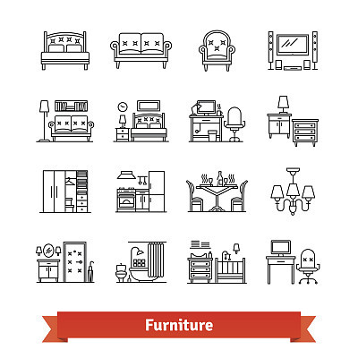 Furniture and home decor. Thin line art icons set