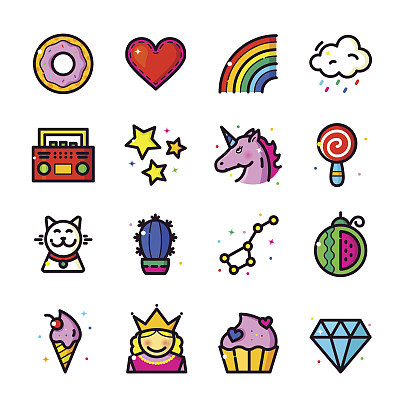 Girl Fashion Patch icons set, vector illustration