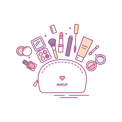 Cosmetic bag with make up products line vector illustration