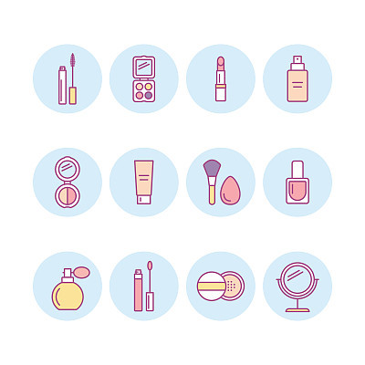 Beauty make-up products line circle vector icon set