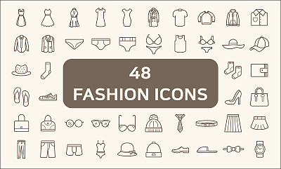 Set of 48 fashion and clothes Icons line style.