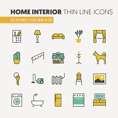 House Interior Linear Thin Line Icons Set