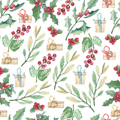 Watercolor seamless pattern with Christmas floral elements. Design illustrations with branches, leaves, berries and gift box for the wrapping paper, textile fabric and wallpaper decor.