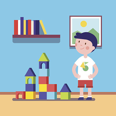 Boy build a castle with wooden blocks