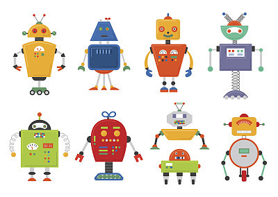 Funny Isolated robot set. Future robots isolated on white. Flat vector illustration set