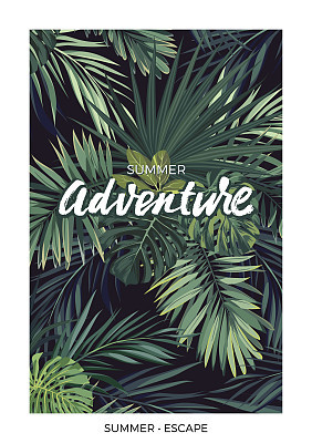 Dark vector tropical design with green jungle palm leaves and lettering