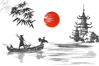 Japan Traditional japanese painting Sumi-e art Japan Traditional japanese painting Sumi-e art Man with boat