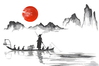 Japan Traditional japanese painting Sumi-e art Japan Traditional japanese painting Sumi-e art Man with boat