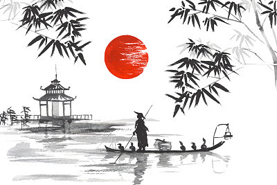 Japan Traditional japanese painting Sumi-e art Japan Traditional japanese painting Sumi-e art Man with boat