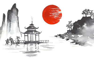 Japan Traditional japanese painting Sumi-e art Sun Lake River Hill Temple Mountain