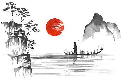 Japan Traditional japanese painting Sumi-e art Japan Traditional japanese painting Sumi-e art Man with boat