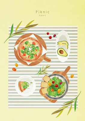 Top angle, food, spring, picnic, lunch, leaf, salad, avocado, pizza