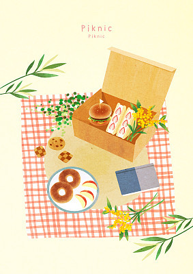Top angle, food, spring, picnic, lunch, leaf, hamburger, sandwich, bagel, cookies