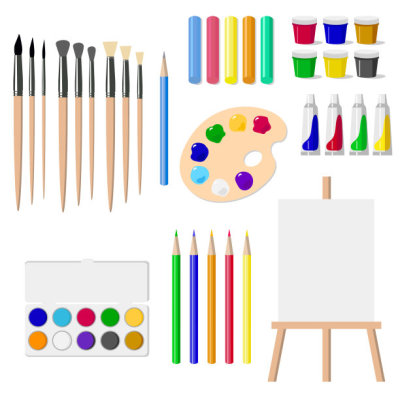 A set of drawing tools: an easel, paints, brushes, pencils, crayons, isolated objects on white background.
