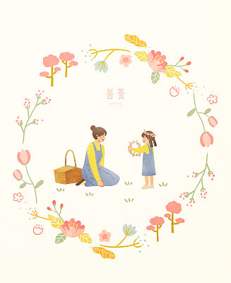 Spring, frame, flower, person, tree, tulip, leaf, picnic, mom, daughter