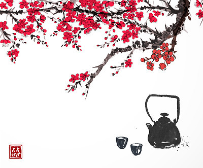Traditional Asian tea ceremony. Teapot and cups under sakura tree. Traditional Japanese ink wash painting sumi-e. Hieroglyph - double luck.