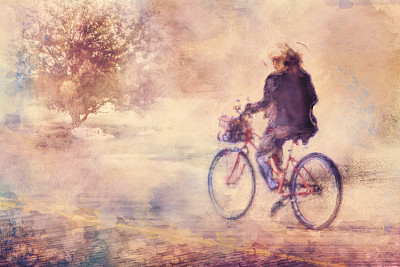 Digital art, watercolor effect paint, woman ride on bycicle