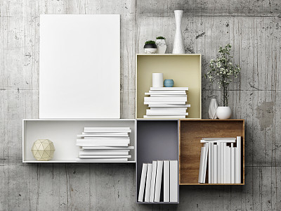 White mock up poster on bookshelf